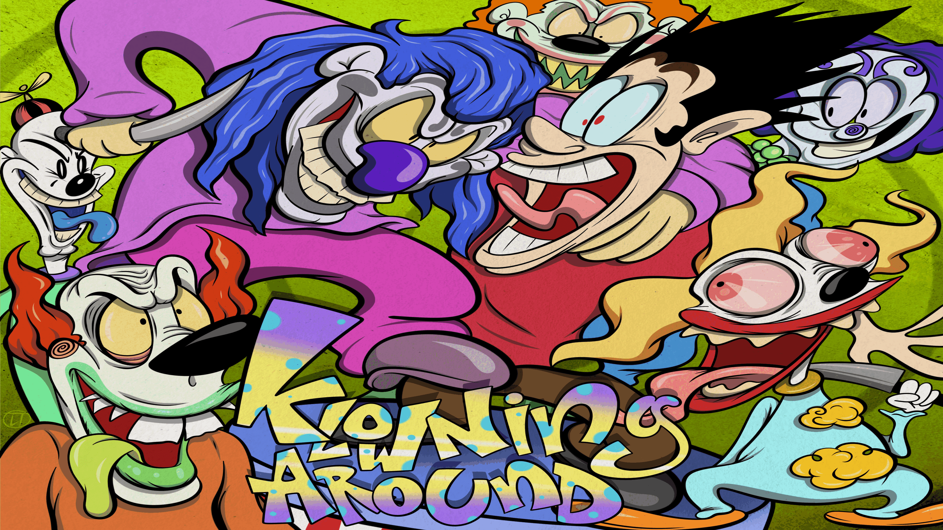 Colorful cartoon characters from 'Kicking It Around' show intense expressions.