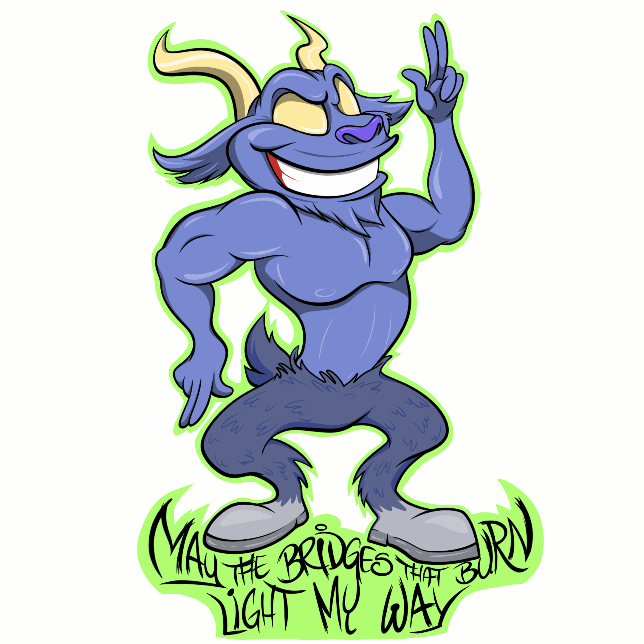 A blue cartoon character with horns flashing a peace sign.