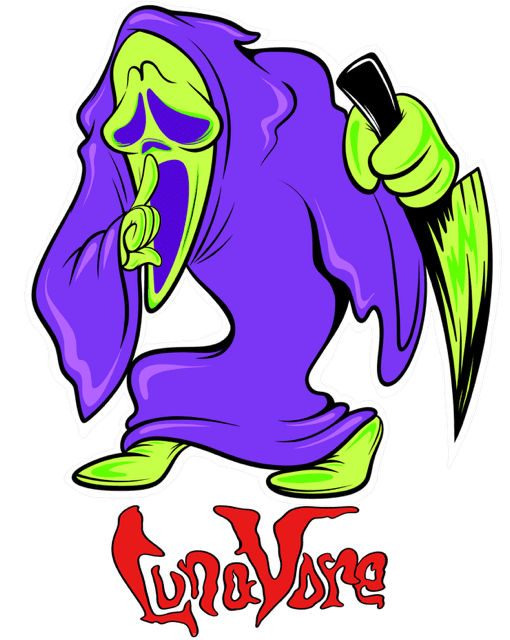 A green-faced grim reaper in a purple robe holding a scythe.