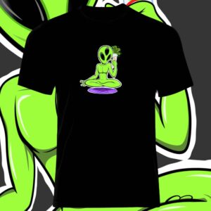 Black T-shirt with a neon green alien surfing on a purple wave design.