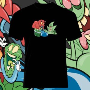Black t-shirt with colorful cartoon characters design on the front.