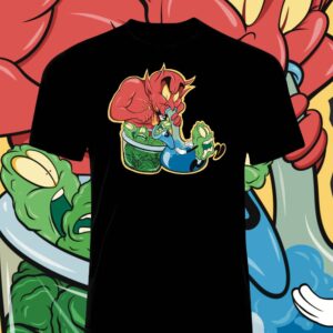 Black T-shirt with colorful cartoon characters playing in a water bucket.