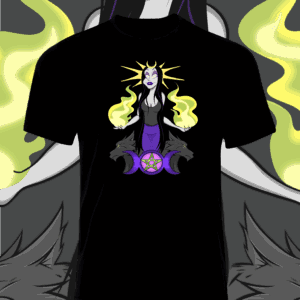 Black t-shirt with a mystical unicorn and celestial design.