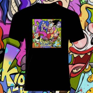 Black t-shirt with colorful cartoon graphic on front.