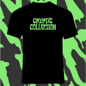 Black T-shirt with green text 'CRYPTIC COLLECTION' on a green and black camouflage background.