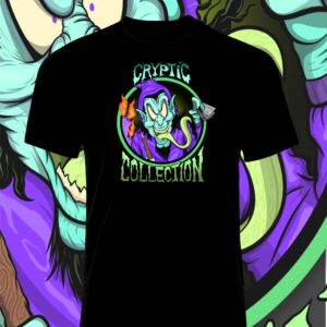 Black T-shirt with vibrant psychedelic alien graphic and 'Psychedelic Collection' text.