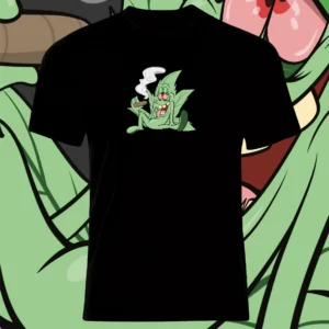 Black T-shirt with a cartoon frog holding a cigarette.