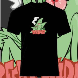 Black T-shirt with a green dinosaur and red text design.