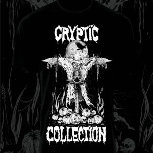 A dark, eerie figure with outstretched arms stands over skulls, labeled 'Cryptic Collection.'
