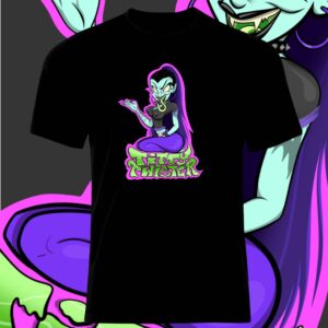 Black t-shirt with a vibrant purple and green cartoon vampire design.