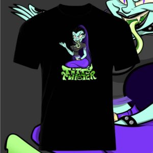 Black t-shirt with colorful cartoon witch graphic and text.