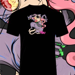 Black T-shirt with a colorful cartoon-style design of a character holding a gun and a snake.