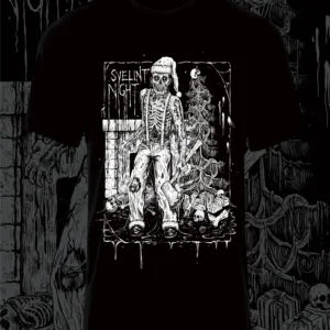 Black t-shirt with a detailed horror-themed graphic in white.