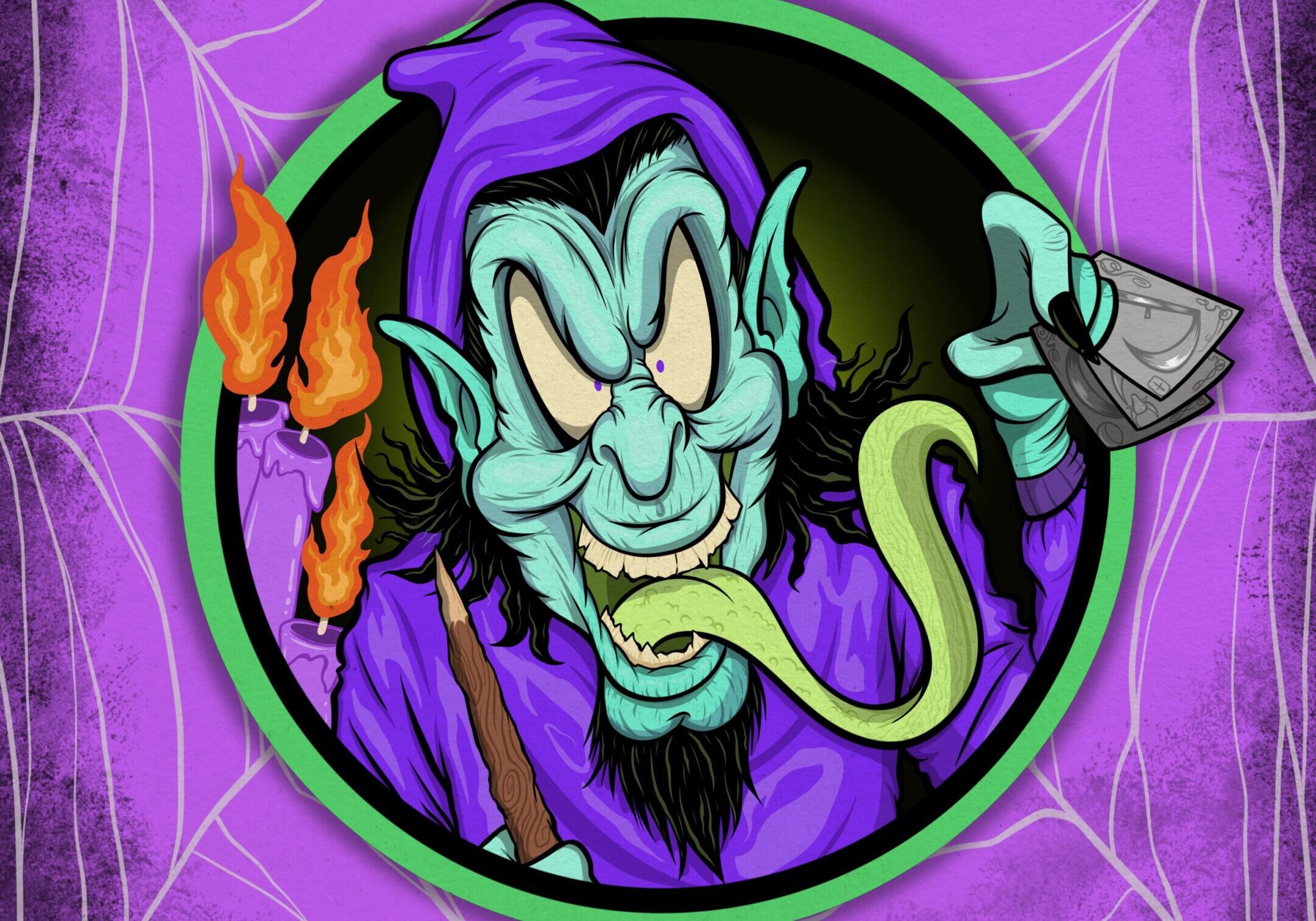 Cartoonish bat with a purple hat inside a spider web frame.